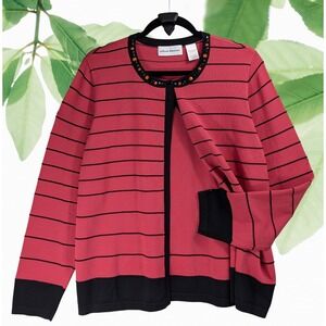 Alfred Dunner Sz L Layered Red Black Stripe Beaded Cardigan Sweater Women's VTG